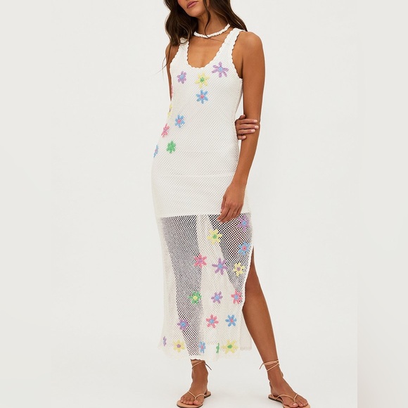 Beach riot - White Crochet Maxi Dress with Colorful Flower Appliqués - Picture 4 of 4